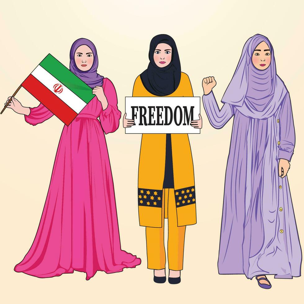 iraní De las mujeres protestando con bandera y bandera, hijab muchachas vector