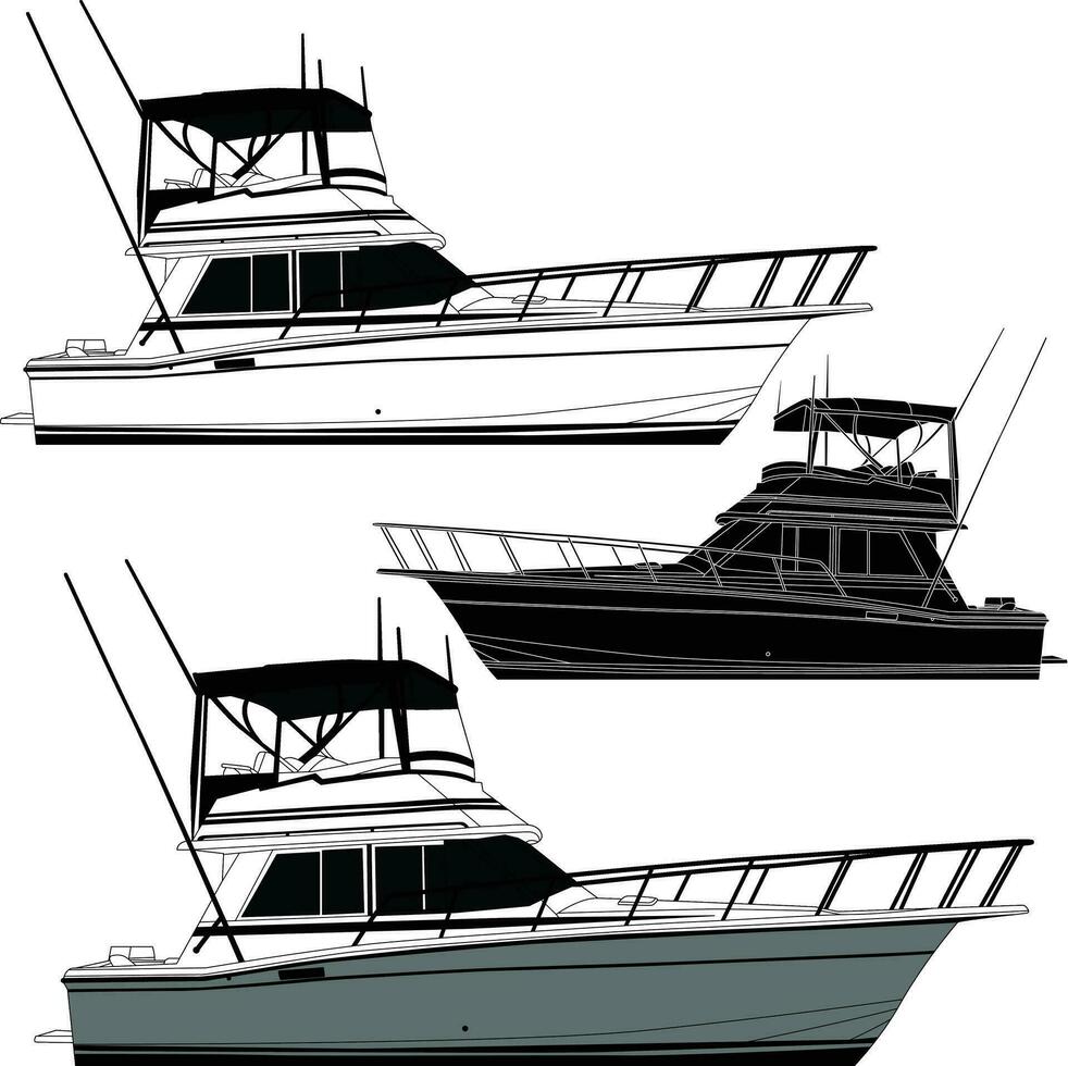 Yacht vector, Boat vector, Fishing boat vector line art illustration and one color.