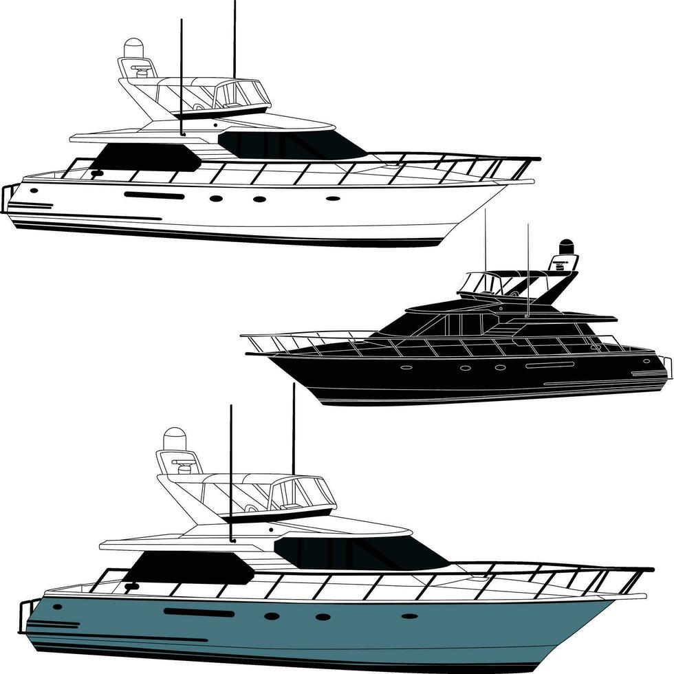 Yacht vector, Boat vector, Fishing boat vector line art illustration and one color.