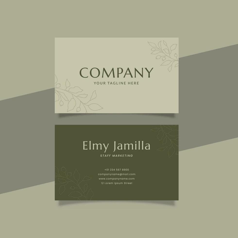 Printable Luxury Business Card Template Decorated with foliage and green Cream Color background vector