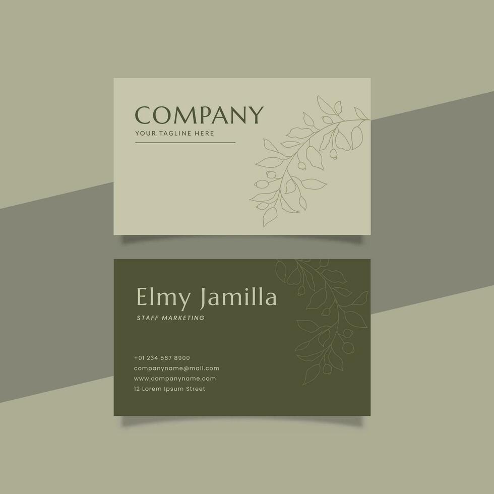 Printable Luxury Business Card Template Decorated with foliage and green Cream Color background vector