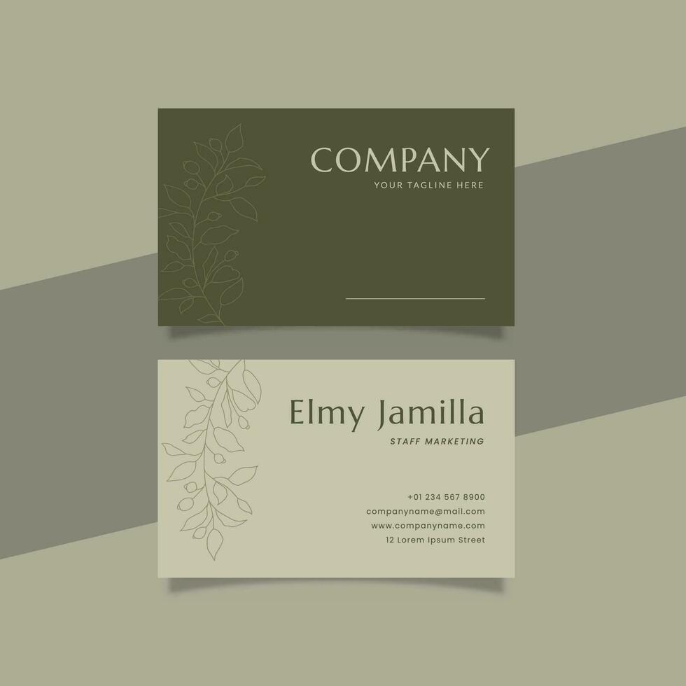 Printable Luxury Business Card Template Decorated with foliage and green Cream Color background vector