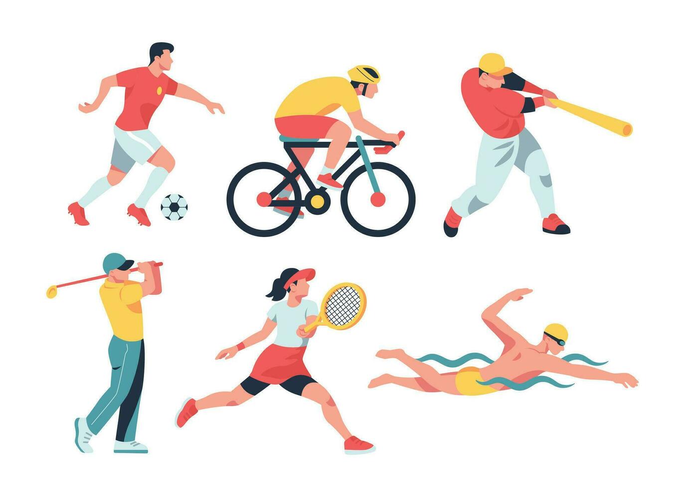 Sport collection vector illustration of a variety of sports vectors, including soccer, cycling, baseball, golf, tennis, and swimming