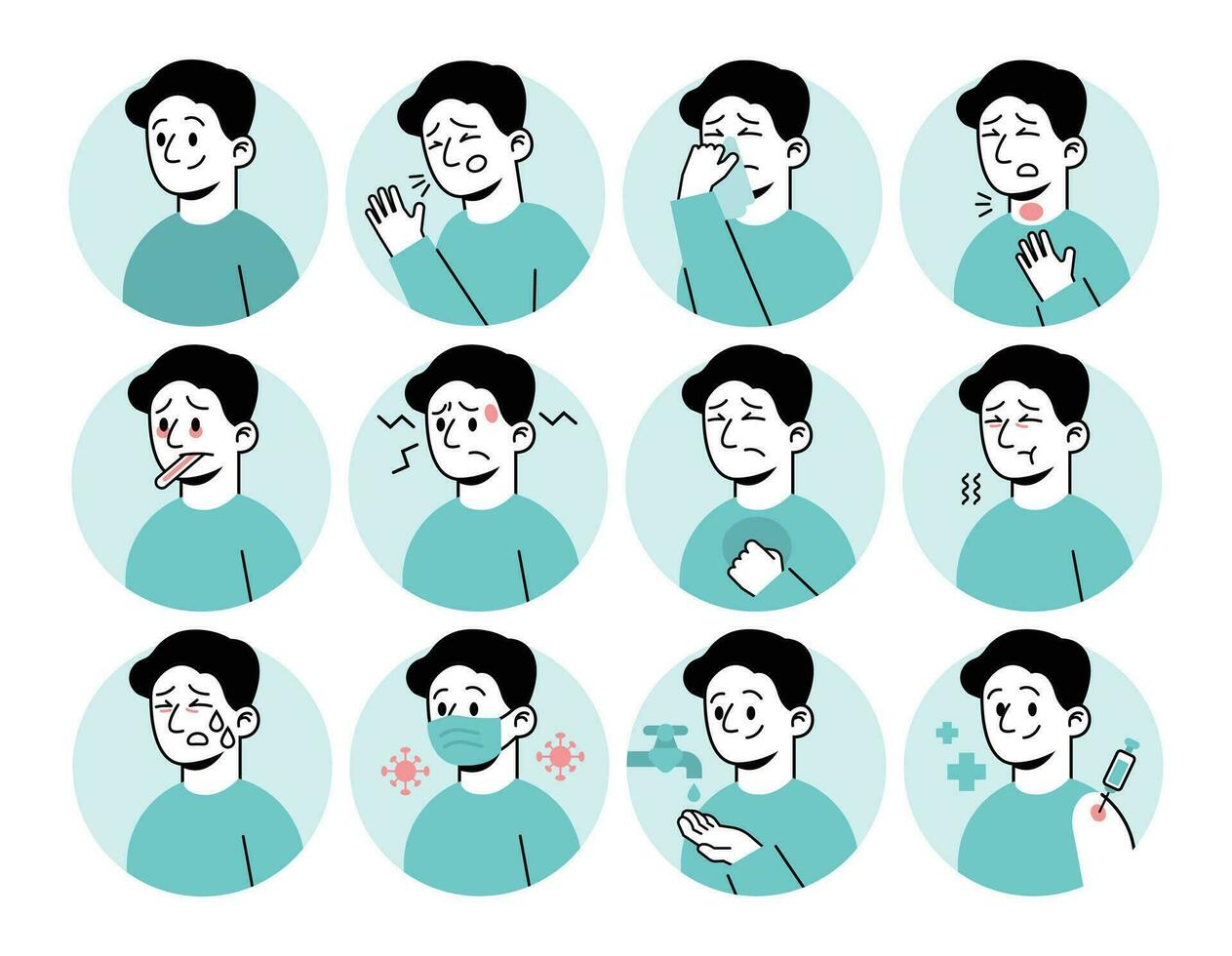 Collection of 12 minimal vector illustrations depicts common symptoms of various diseases and conditions. Making them ideal for use in educational materials, medical websites, and marketing campaigns