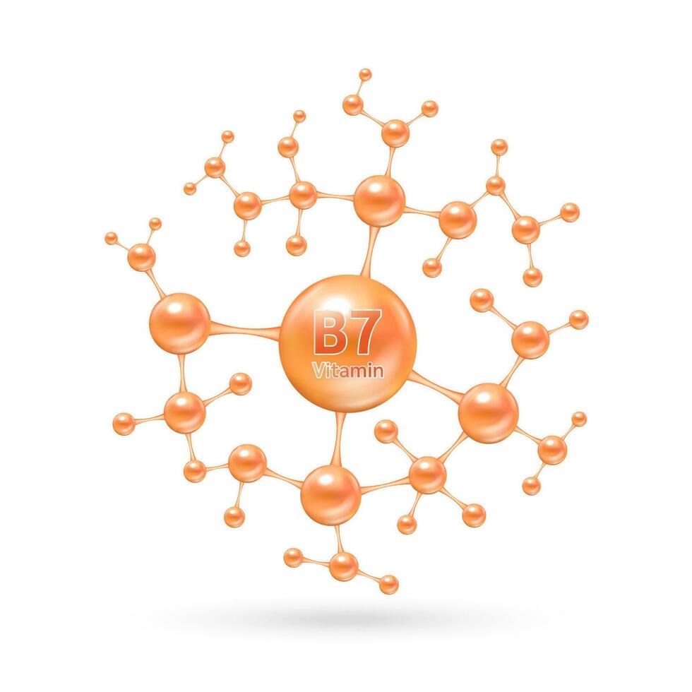 Vitamin B7 complex and minerals in molecular form. Dietary supplement for pharmacy advertisement. Science medic concept. Orange vitamin isolated on white background. Vector EPS10.
