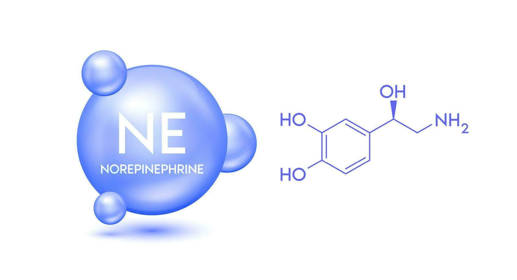 Norepinephrine model blue and structural chemical formula. Symbol 3D icon isolated on white background. Hormone in brain. Medical scientific concepts. Vector EPS10.