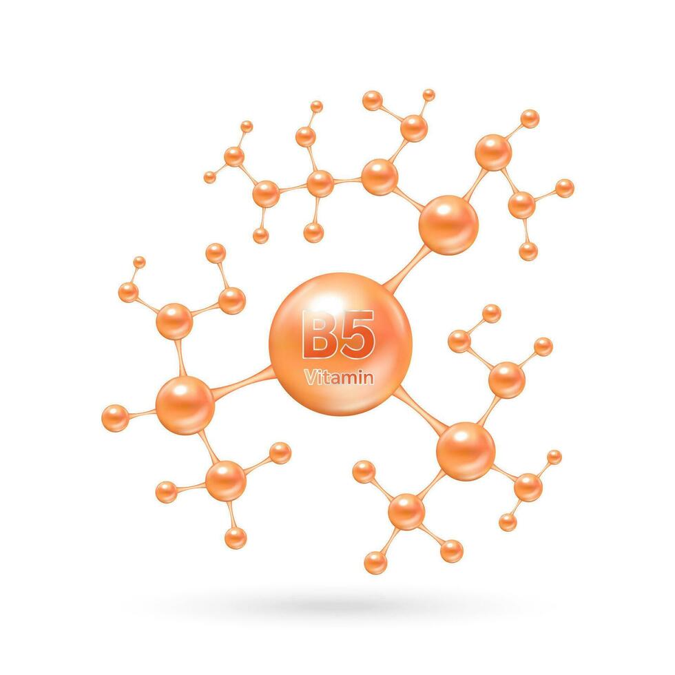 Vitamin B5 complex and minerals in molecular form. Dietary supplement for pharmacy advertisement. Science medic concept. Orange vitamin isolated on white background. Vector EPS10.
