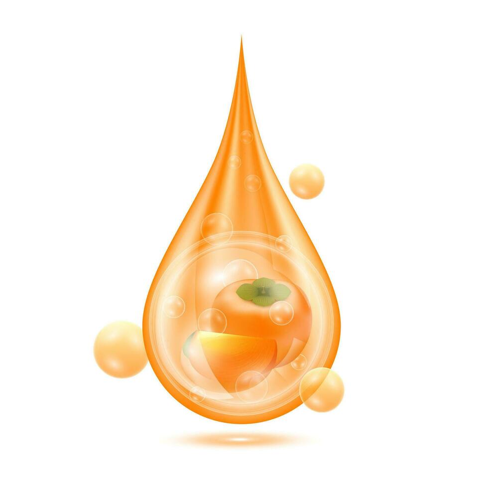 caqui dentro agua gotas naranja aislado en blanco antecedentes. soltar vitaminas y colágeno orgánico anti envejecimiento suero. Fruta ácido producto. para natural eco piel cuidado cosmético. realista 3d vector. vector