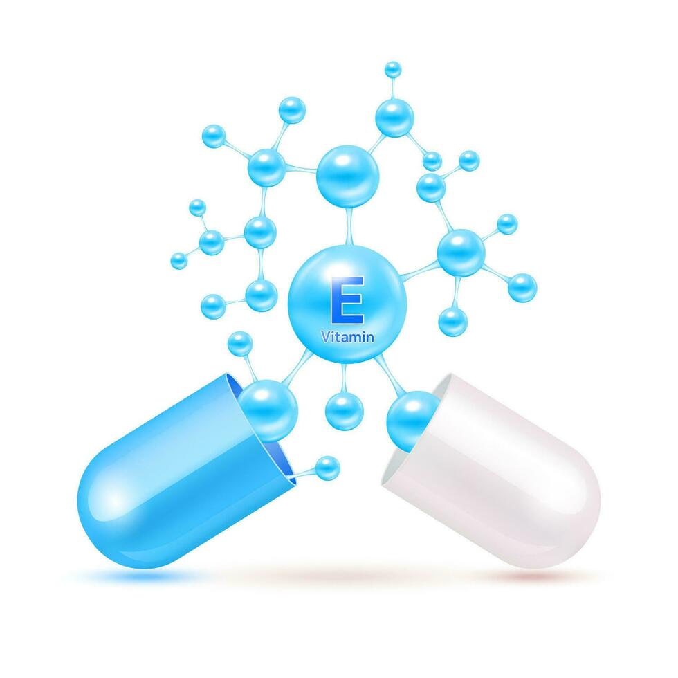 Vitamin E blue in capsule. Vitamins complex and minerals in molecular form. Dietary supplement for pharmacy advertisement. Science medic concept. Isolated on white background. Vector EPS10.