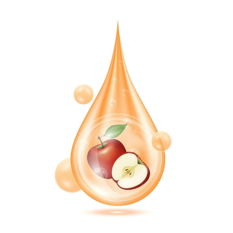 Red Apple inside water droplets orange isolated on white background. Drop vitamins and collagen organic anti aging serum. Fruit acid product. For natural eco skin care cosmetic. Realistic 3d vector. vector