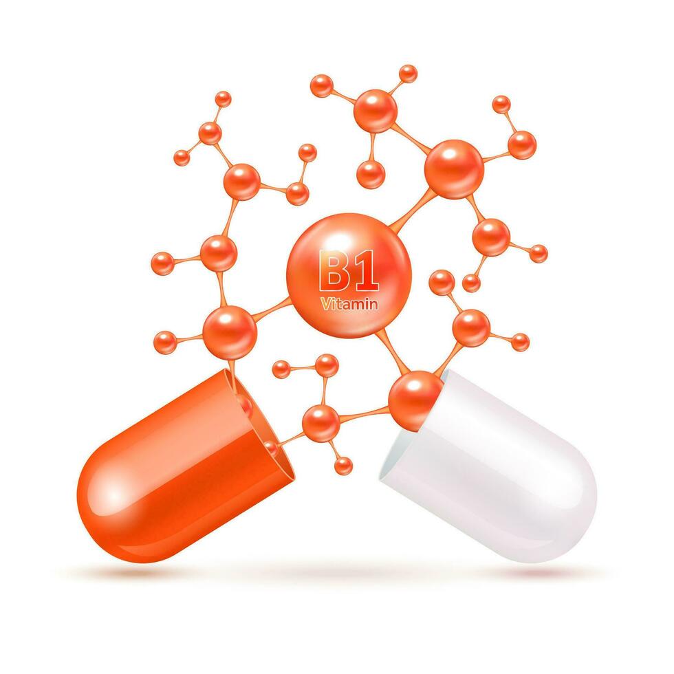 vitamina b1 rojo en cápsula. vitaminas complejo y minerales en molecular forma. dietético suplemento para farmacia anuncio publicitario. Ciencias médico concepto. aislado en blanco antecedentes. vector eps10.