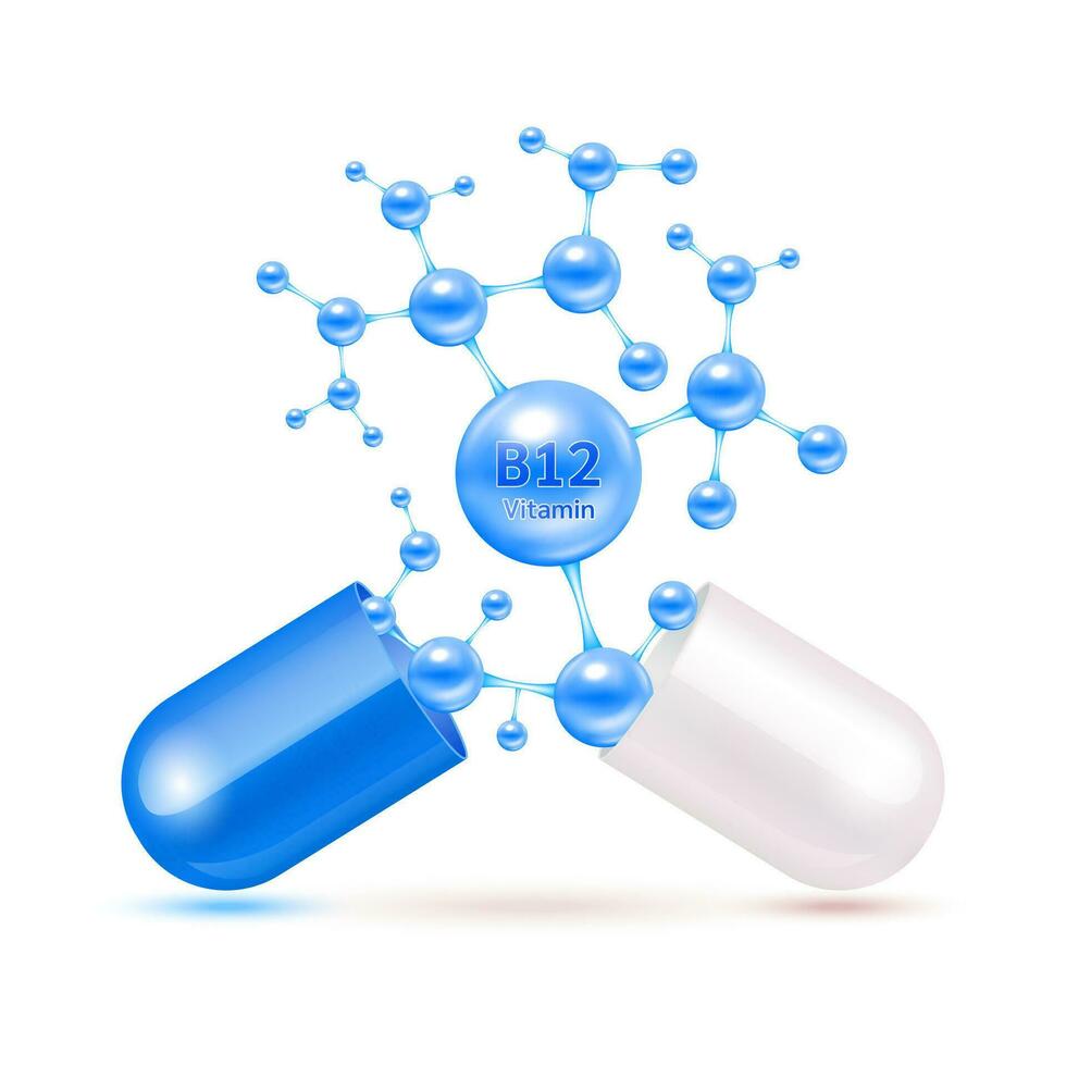 vitamina b12 azul en cápsula. vitaminas complejo y minerales en molecular forma. dietético suplemento para farmacia anuncio publicitario. Ciencias médico concepto. aislado en blanco antecedentes. vector eps10.