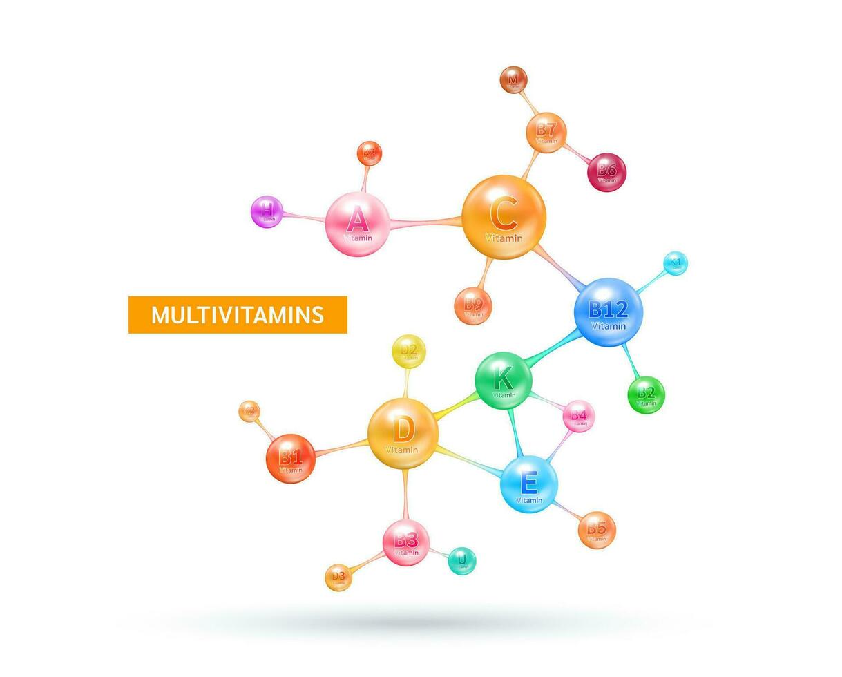 Multivitamins capsules complex, minerals in molecular form. Vitamin isolated on white background vector. Dietary supplement for pharmacy advertisement, vitamins package design. Science medic concept. vector