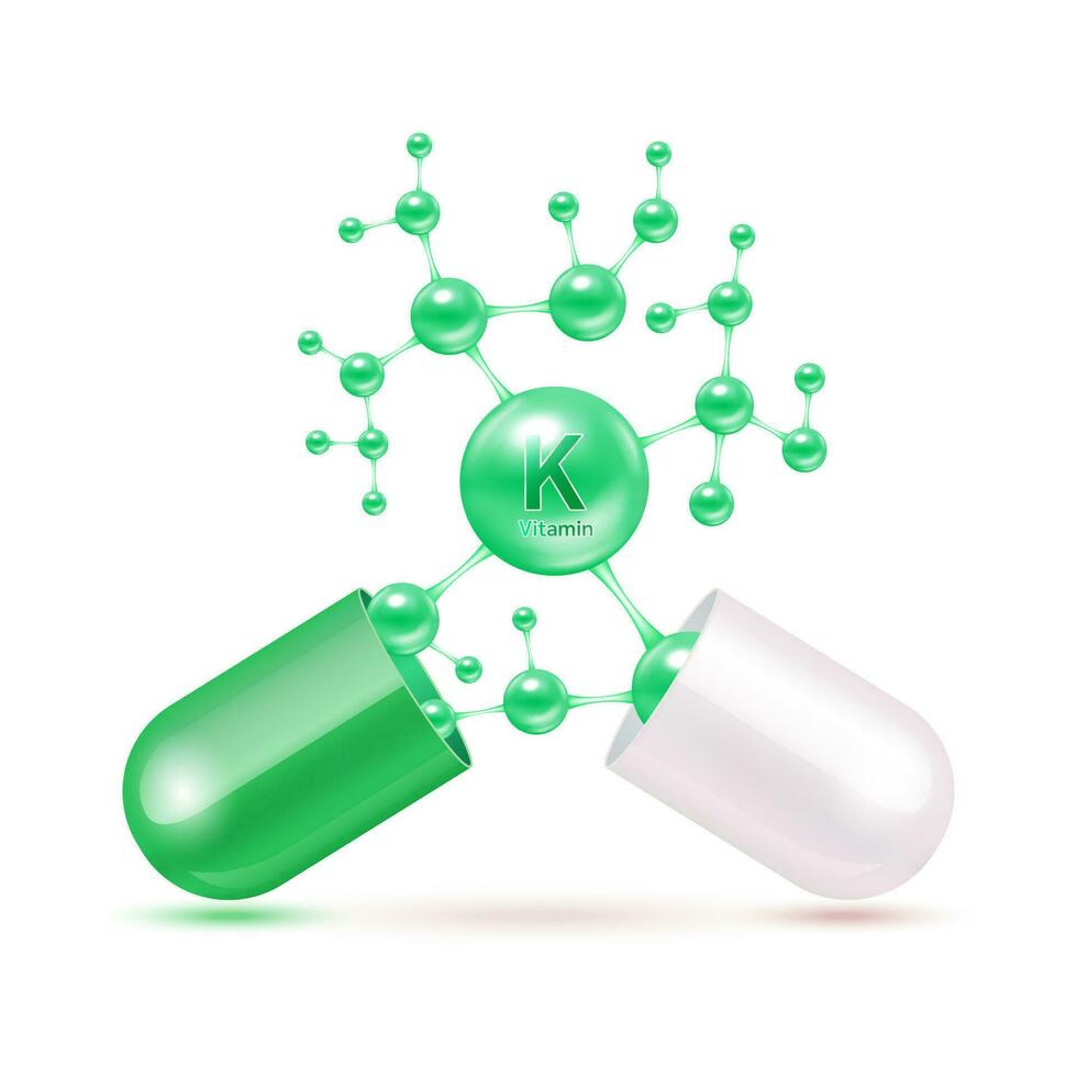 Vitamin K green in capsule. Vitamins complex and minerals in molecular form. Dietary supplement for pharmacy advertisement. Science medic concept. Isolated on white background. Vector EPS10.