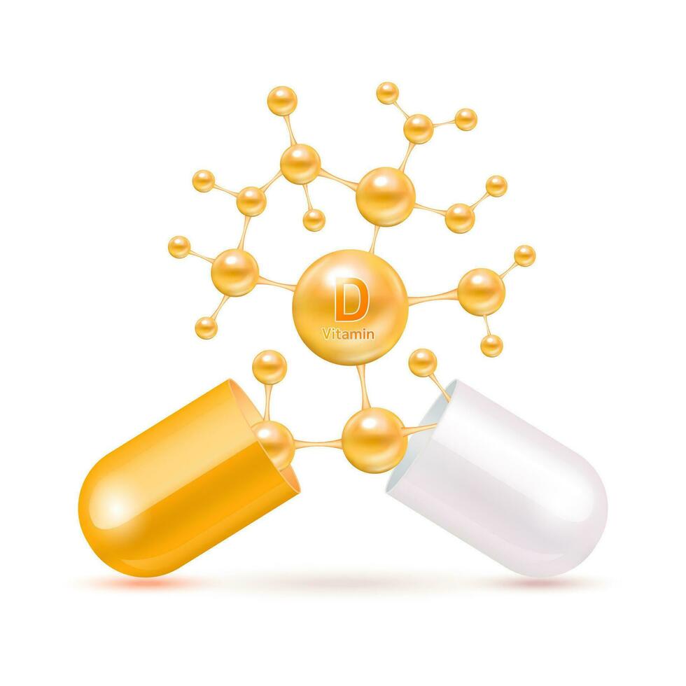 Vitamin D orange in capsule. Vitamins complex and minerals in molecular form. Dietary supplement for pharmacy advertisement. Science medic concept. Isolated on white background. Vector EPS10.