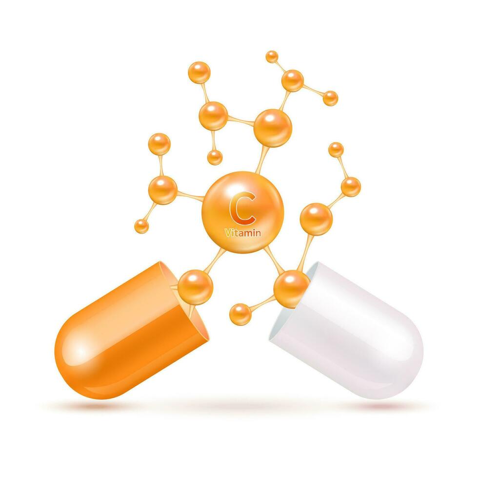 Vitamin C orange in capsule. Vitamins complex and minerals in molecular form. Dietary supplement for pharmacy advertisement. Science medic concept. Isolated on white background. Vector EPS10.