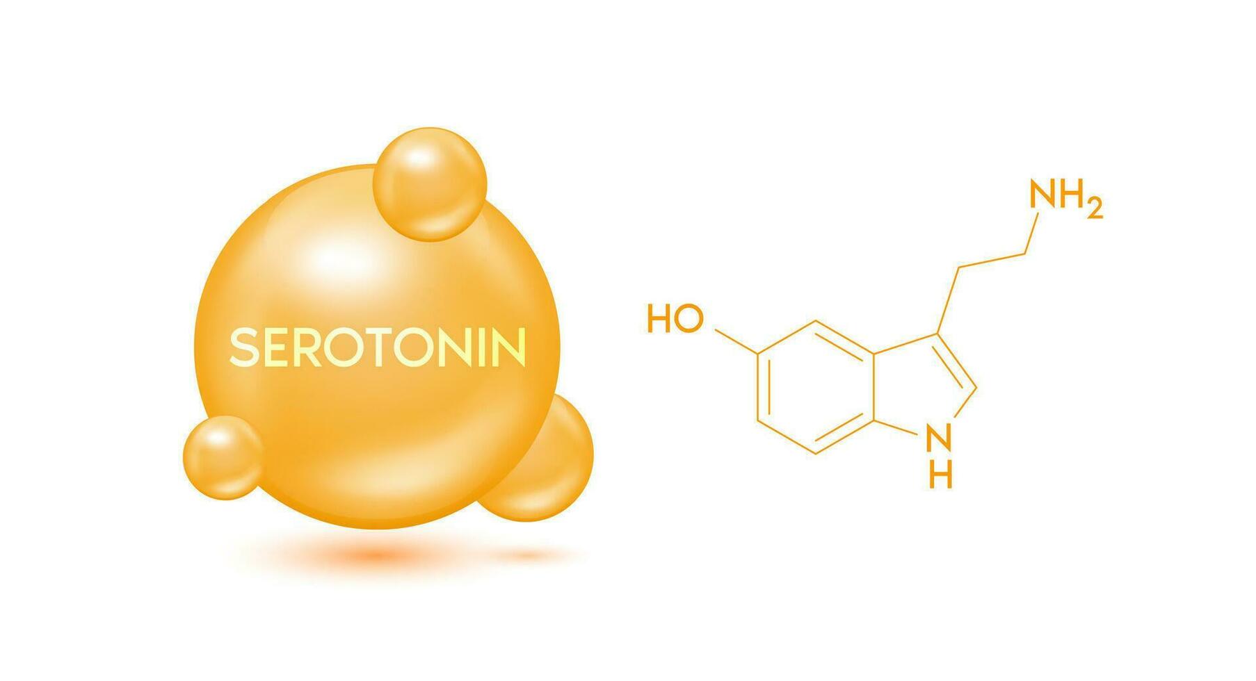 Serotonin model orange and structural chemical formula. Symbol 3D icon isolated on white background. Hormone serotonin in brain. Medical scientific concepts. Vector EPS10 illustration.