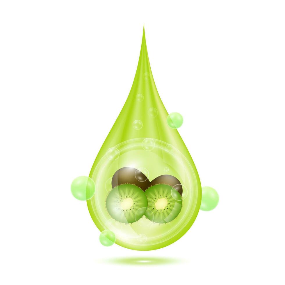 Kiwi inside water droplets green isolated on white background. Drop vitamins and collagen organic anti aging serum. Fruit acid product. For natural eco skin care cosmetic. Realistic 3d vector. vector