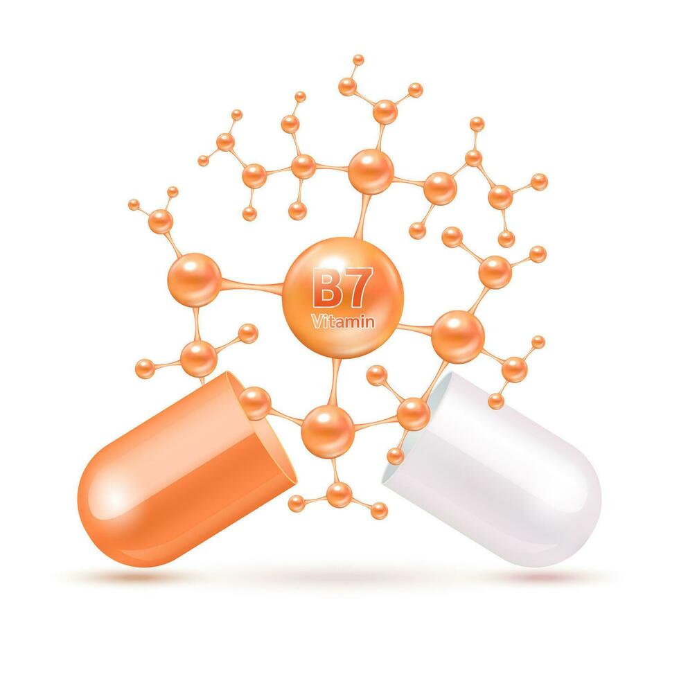 vitamina b7 naranja en cápsula. vitaminas complejo y minerales en molecular forma. dietético suplemento para farmacia anuncio publicitario. Ciencias médico concepto. aislado en blanco antecedentes. vector eps10.