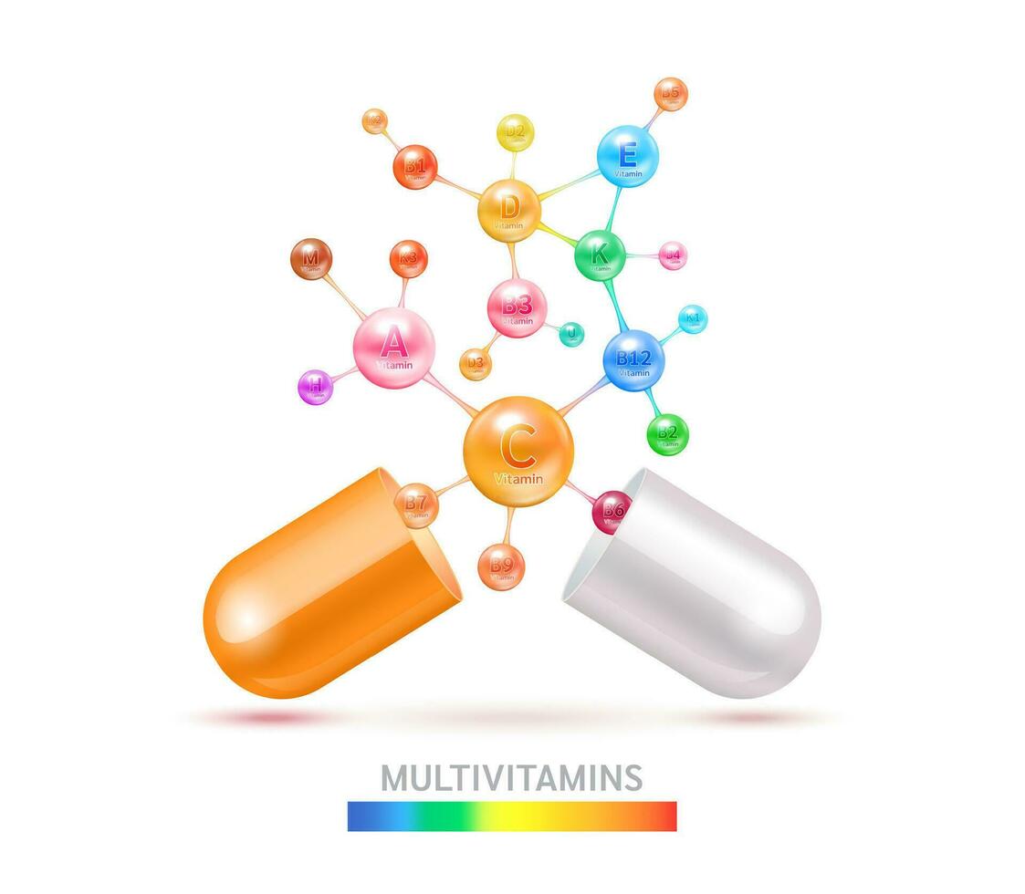 Multivitamins capsules complex, minerals in molecular form. Dietary supplement for pharmacy advertisement. Poster banner design for clinics. Medic concept. Vector EPS10.