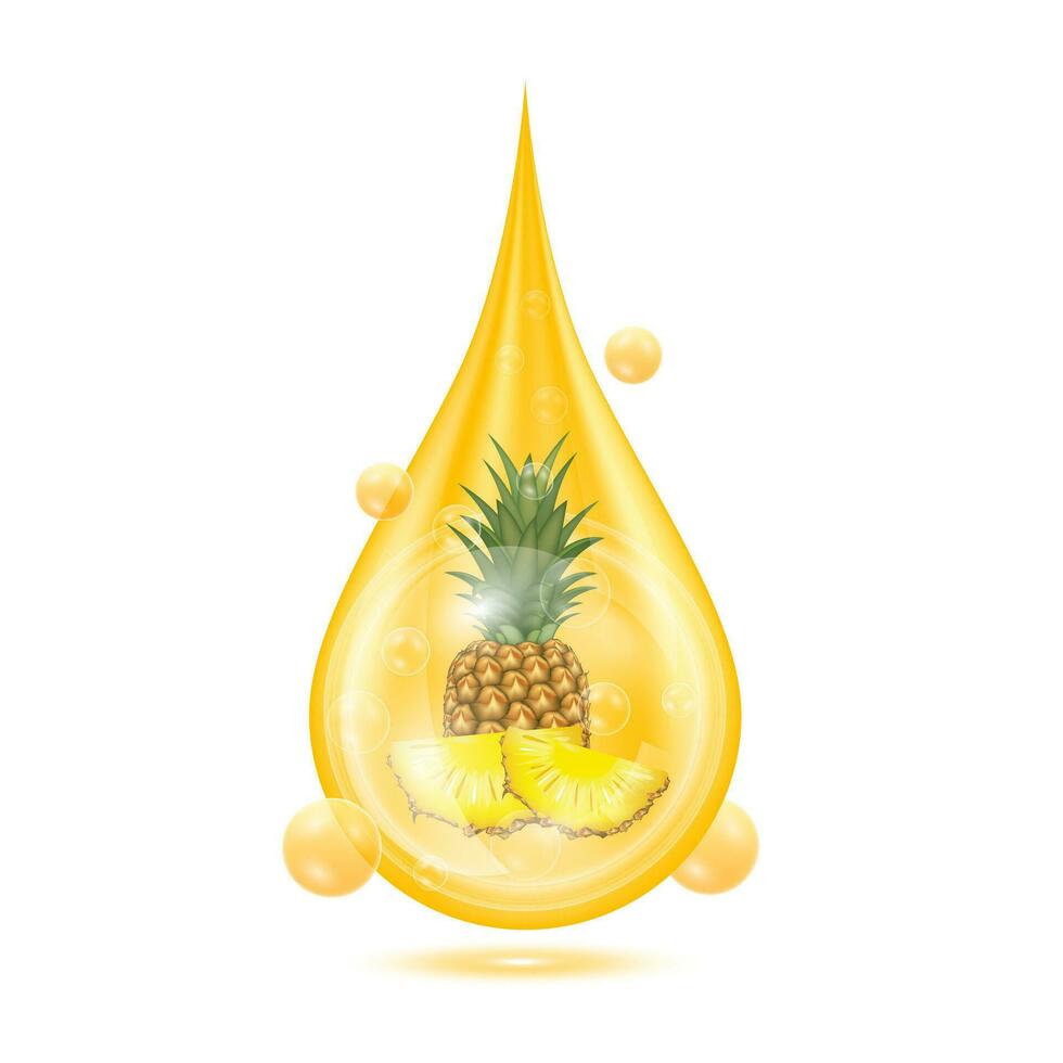 Pineapple inside water droplets orange isolated on white background. Drop vitamins and collagen organic anti aging serum. Fruit acid product. For natural eco skin care cosmetic. Realistic 3d vector. vector