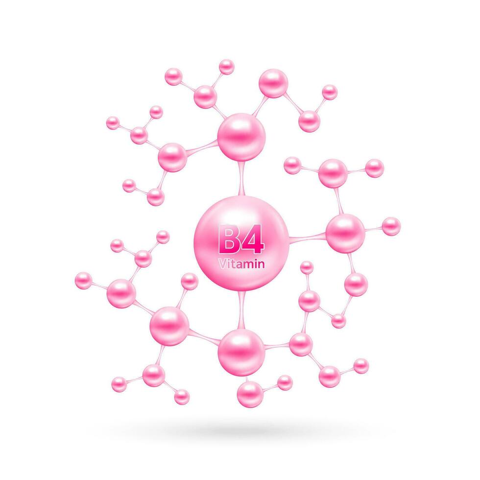 Vitamin B4 complex and minerals in molecular form. Dietary supplement for pharmacy advertisement. Science medic concept. Pink vitamin isolated on white background. Vector EPS10.