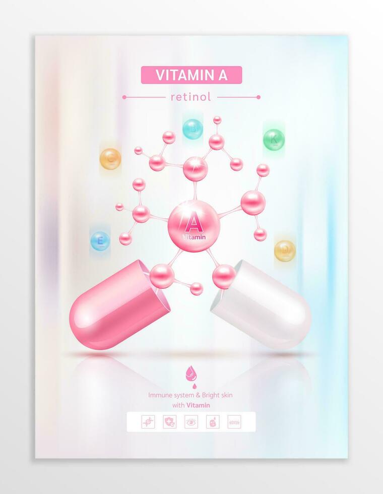 Vitamin A pink in capsule. Essential vitamins complex and minerals in molecular form. Dietary supplement for pharmacy advertisement. Poster banner design for clinics. Medic concept. Vector EPS10.