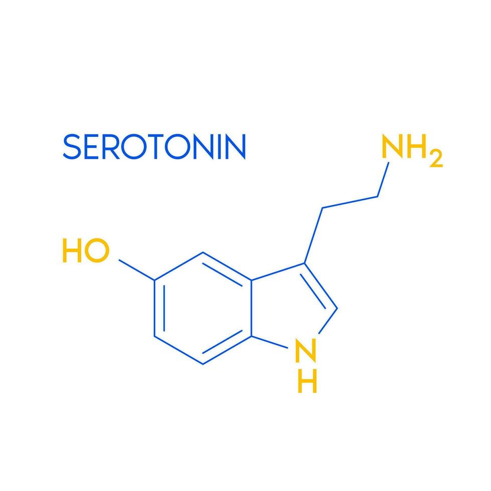 Serotonin structural chemical formula isolated on white background. Hormone melatonin promote deep sleep. Medical scientific concepts. Vector EPS10 illustration.