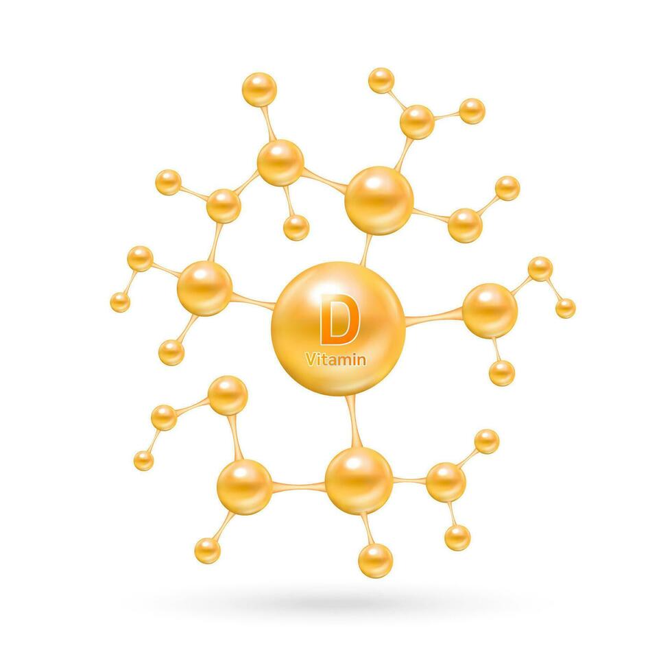 Vitamin D complex and minerals in molecular form. Dietary supplement for pharmacy advertisement. Science medic concept. Orange vitamin isolated on white background. Vector EPS10.