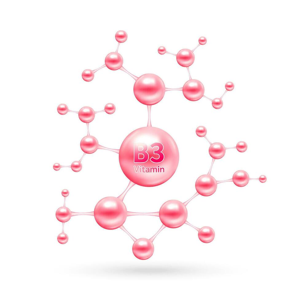 Vitamin B3 complex and minerals in molecular form. Dietary supplement for pharmacy advertisement. Science medic concept. Pink vitamin isolated on white background. Vector EPS10.