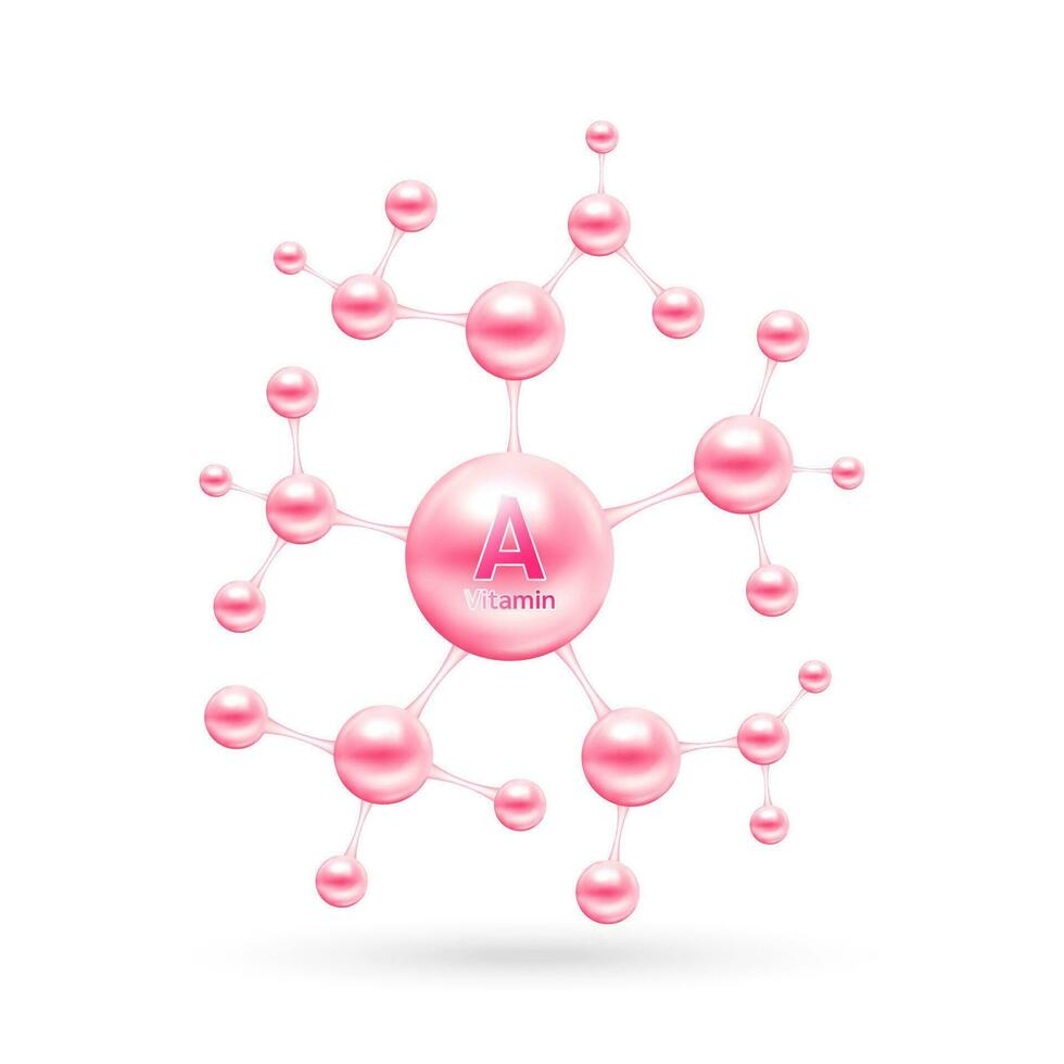Vitamin A complex and minerals in molecular form. Dietary supplement for pharmacy advertisement. Science medic concept. Pink vitamin isolated on white background. Vector EPS10.