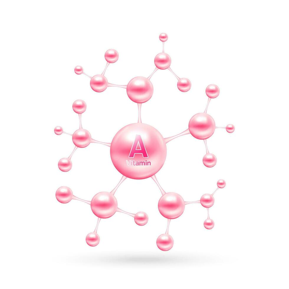 Vitamin A complex and minerals in molecular form. Dietary supplement for pharmacy advertisement. Science medic concept. Pink vitamin isolated on white background. Vector EPS10.