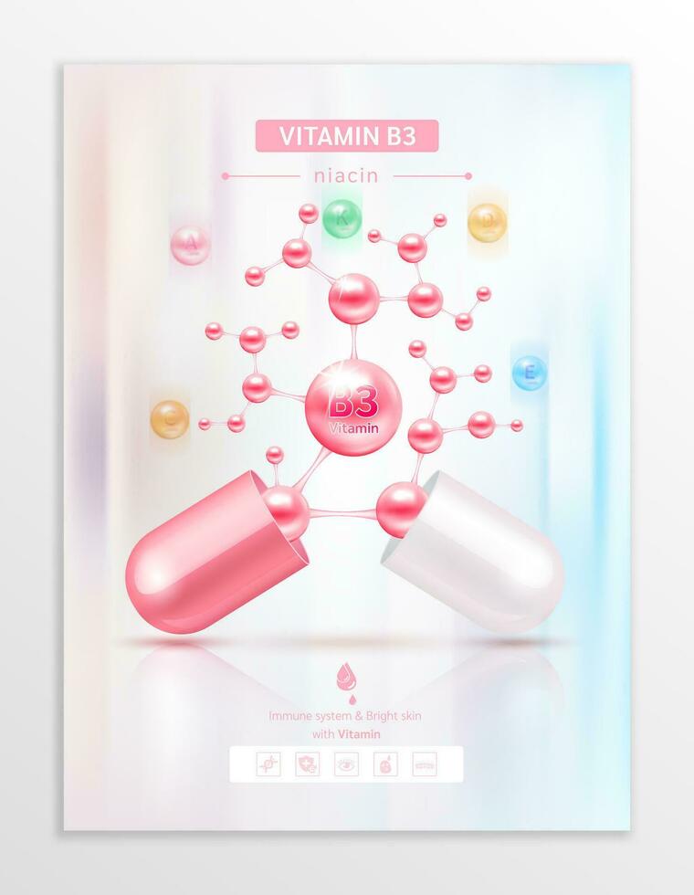 Vitamin B3 pink in capsule. Essential vitamins complex and minerals in molecular form. Dietary supplement for pharmacy advertisement. Poster banner design for clinics. Medic concept. Vector EPS10.