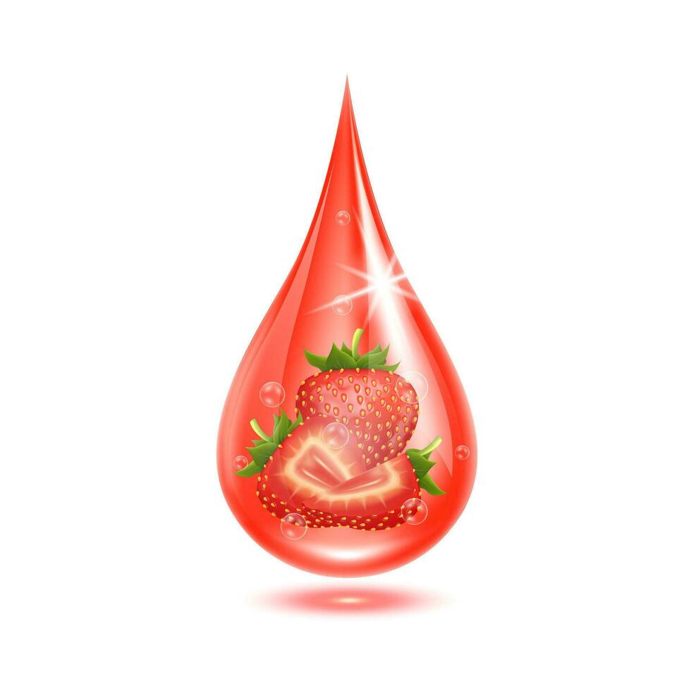 Strawberry inside water droplets orange isolated on white background. Drop vitamins and collagen organic anti aging serum. Fruit acid product. For natural eco skin care cosmetic. Realistic 3d vector. vector