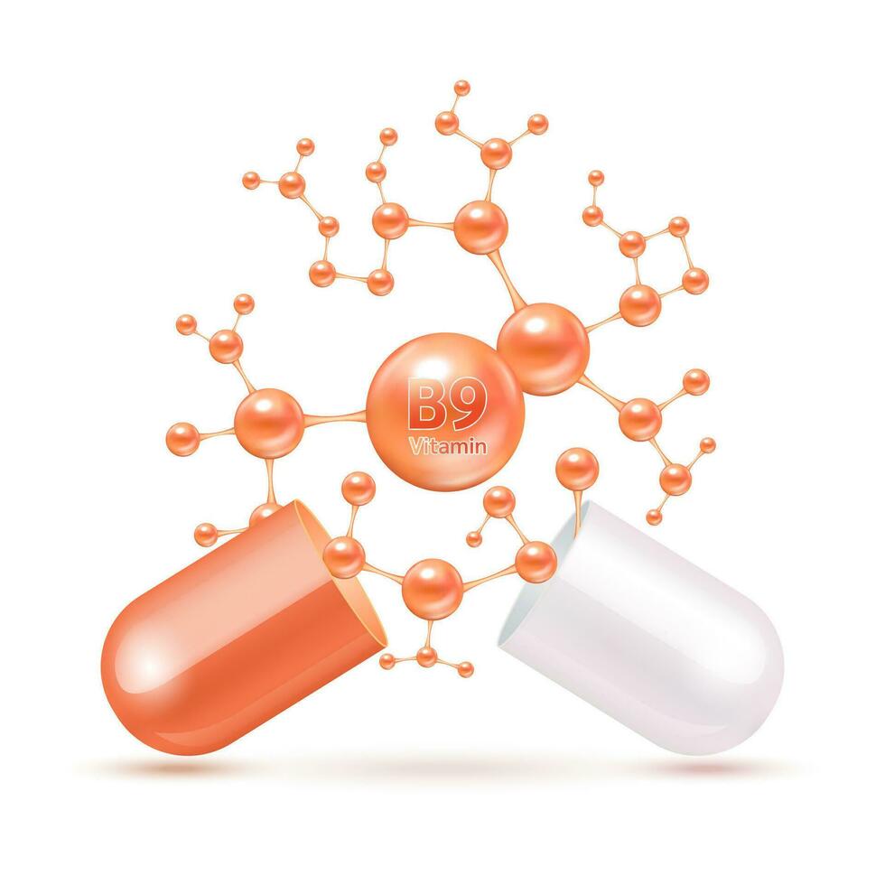 Vitamin B9 orange in capsule. Vitamins complex and minerals in molecular form. Dietary supplement for pharmacy advertisement. Science medic concept. Isolated on white background. Vector EPS10.