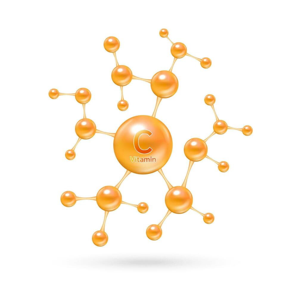 Vitamin C complex and minerals in molecular form. Dietary supplement for pharmacy advertisement. Science medic concept. Orange vitamin isolated on white background. Vector EPS10.
