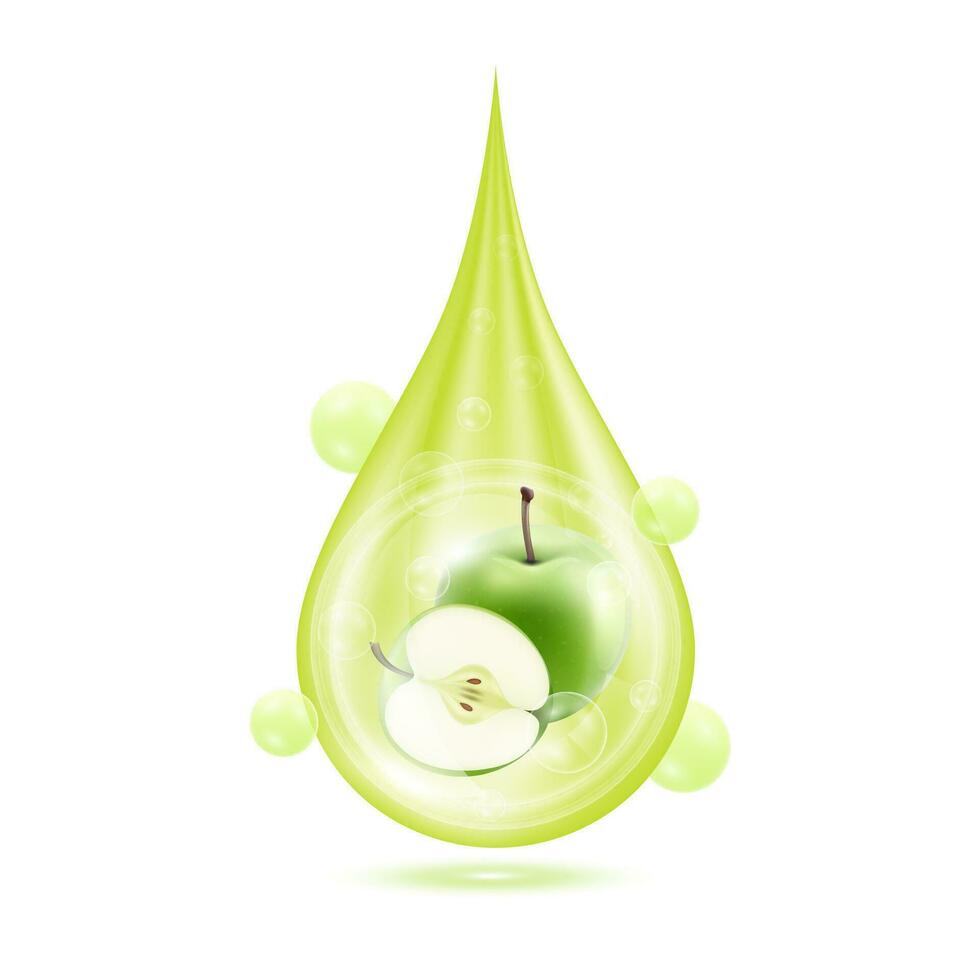 Apple inside water droplets green isolated on white background. Drop vitamins and collagen organic anti aging serum. Fruit acid product. For natural eco skin care cosmetic. Realistic 3d vector. vector
