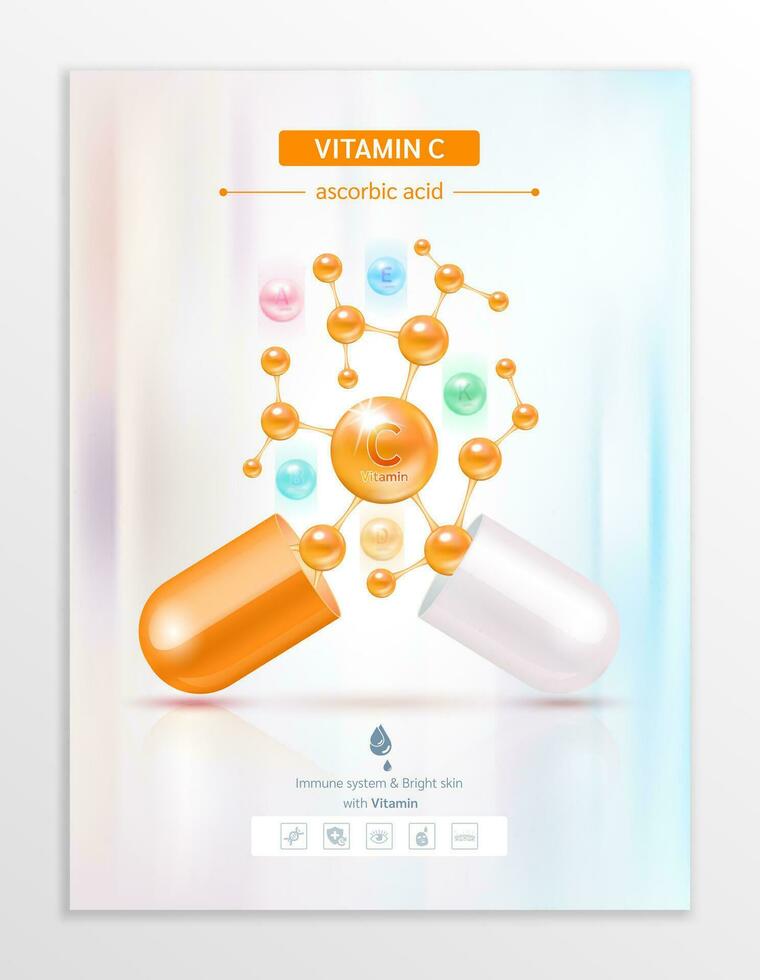 Vitamin C orange in capsule. Essential vitamins complex and minerals in molecular form. Dietary supplement for pharmacy advertisement. Poster banner design for clinics. Medic concept. Vector EPS10.