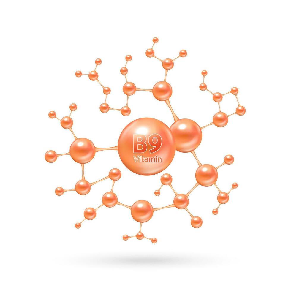 Vitamin B9 complex and minerals in molecular form. Dietary supplement for pharmacy advertisement. Science medic concept. Orange vitamin isolated on white background. Vector EPS10.