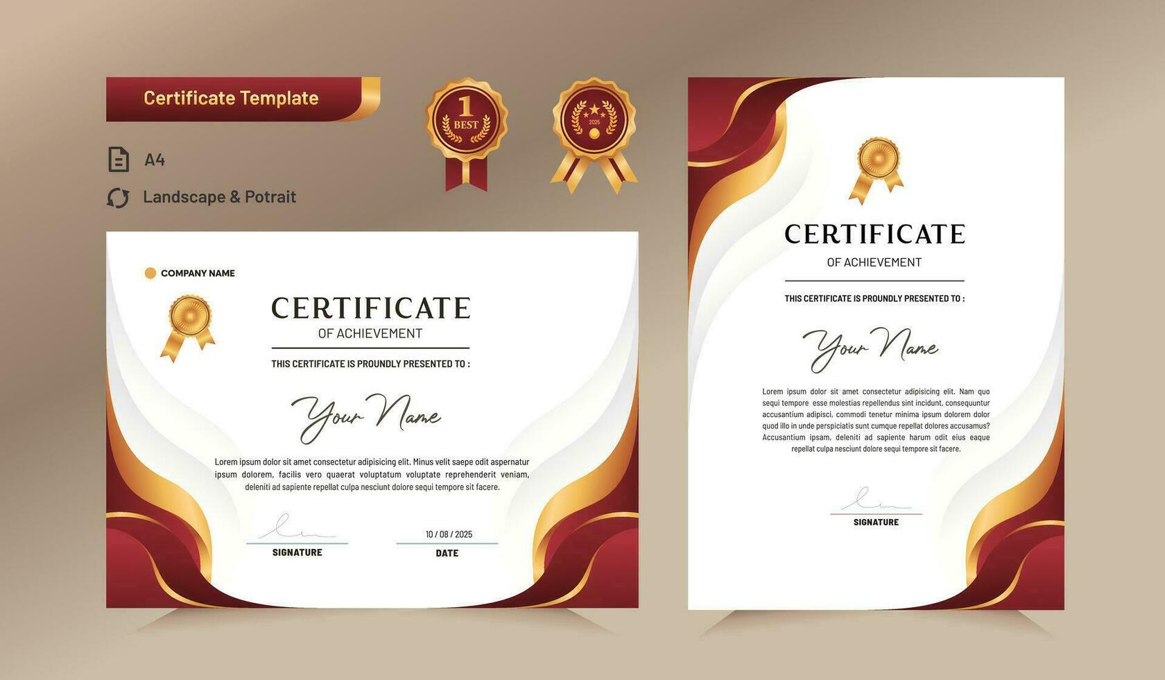 Red and gold certificate of achievement template. For award, business, and education needs. vector