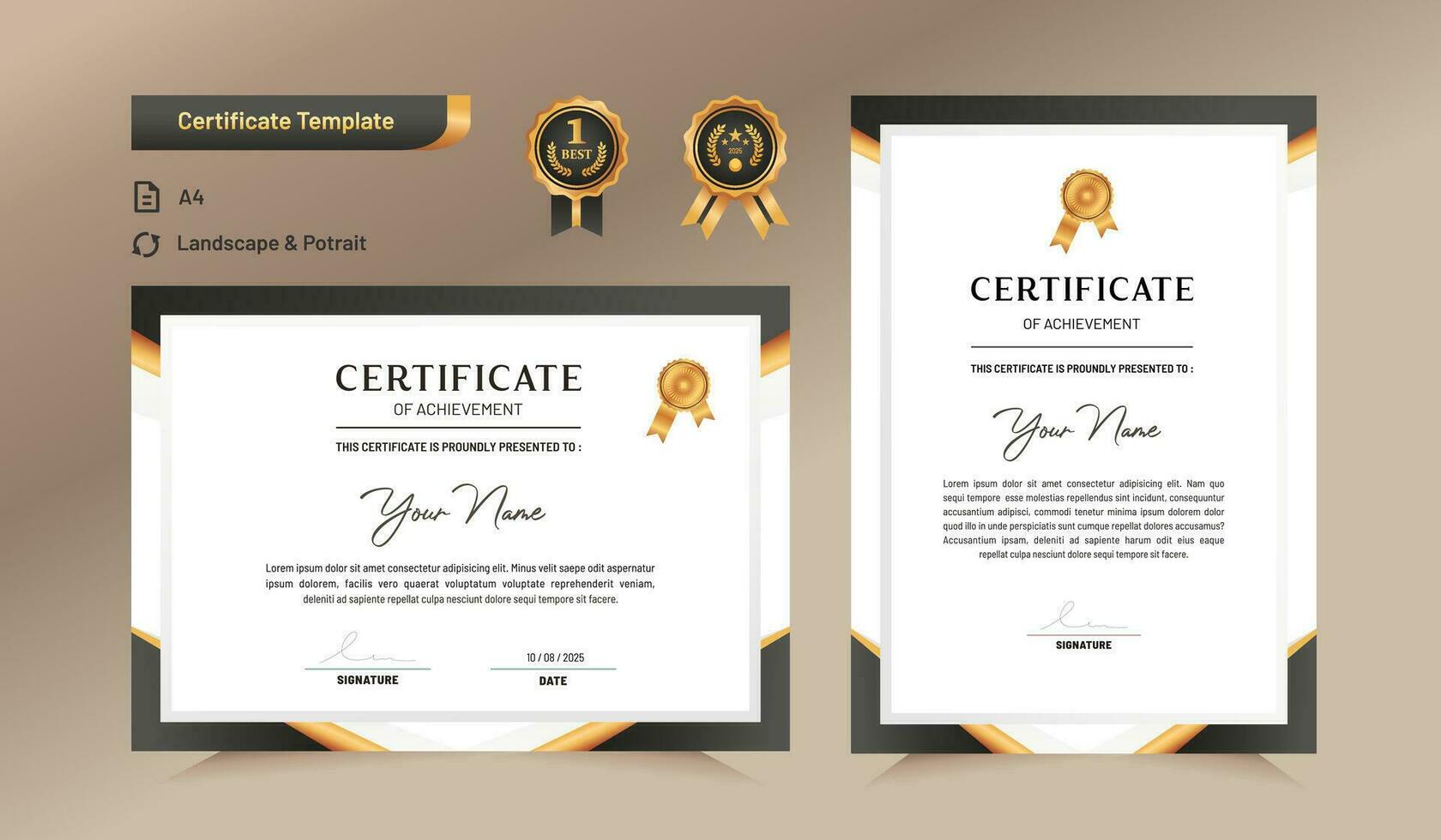 Black and gold certificate of achievement template. For award, business, and education needs. vector