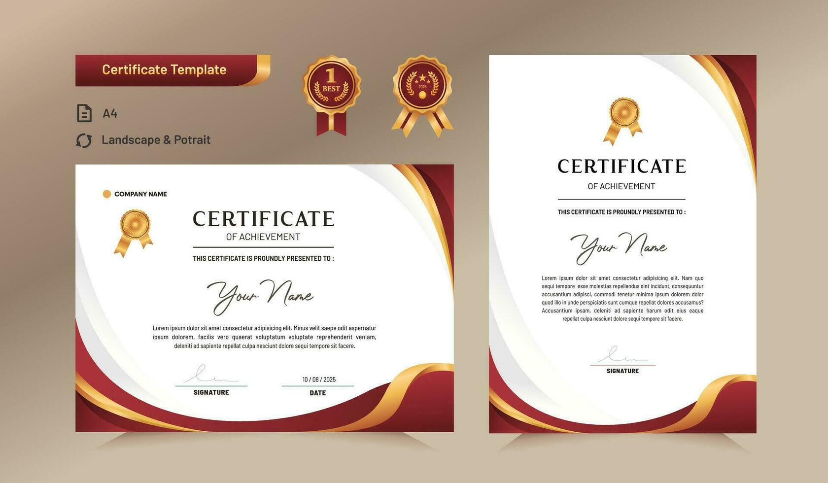 Red and gold certificate of achievement template. For award, business, and education needs. vector