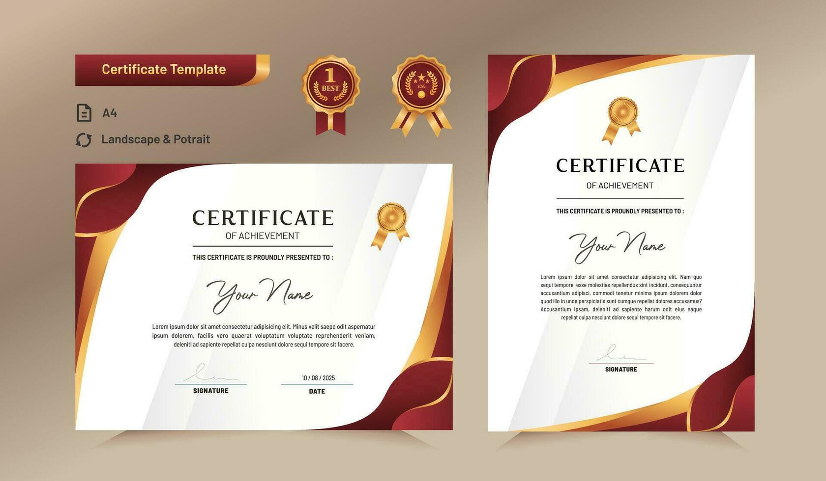 Red and gold certificate of achievement template. For award, business, and education needs. vector