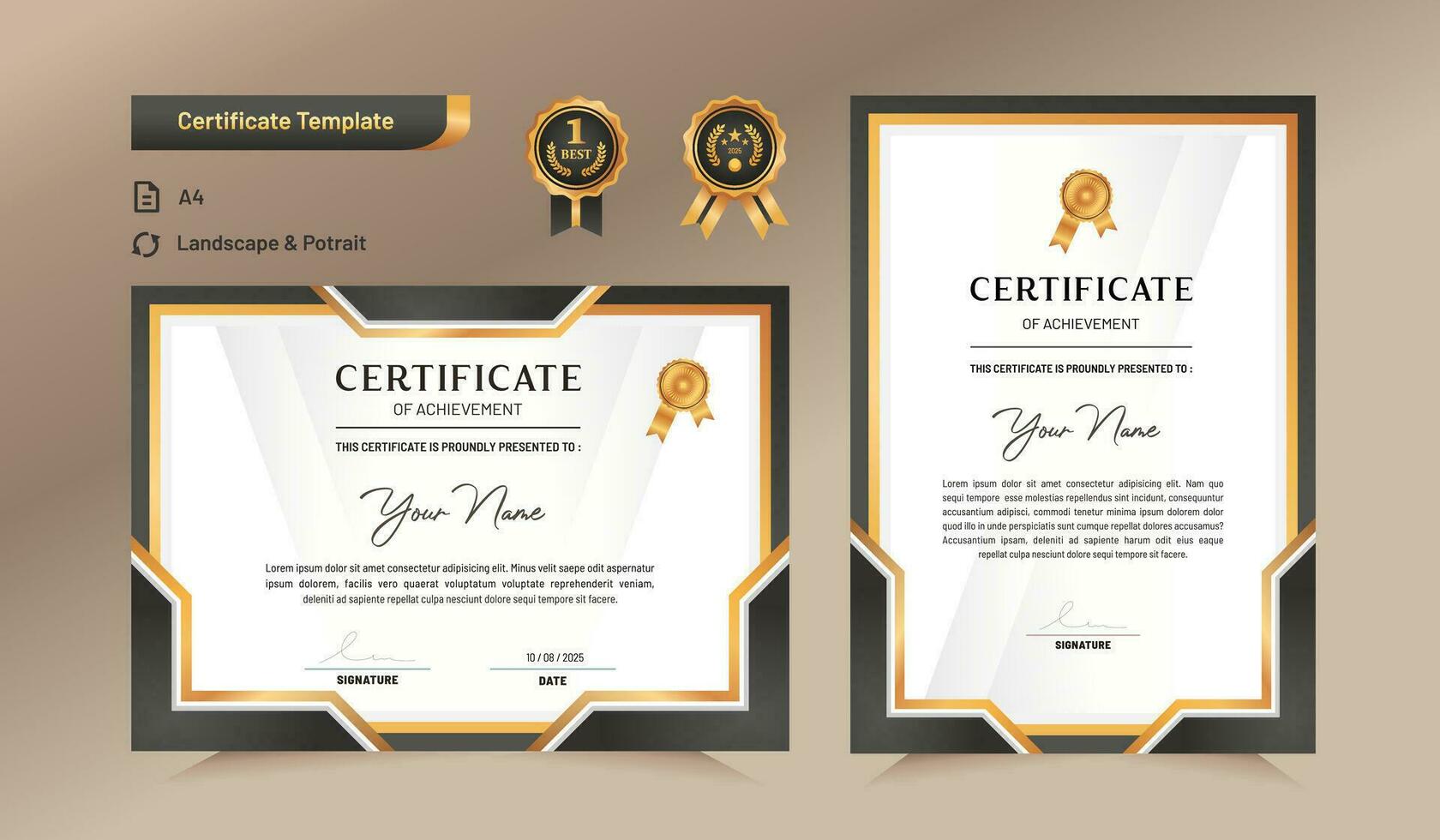 Black and gold certificate of achievement template set with black badge and border. For award, business, and education needs. Vector Illustration