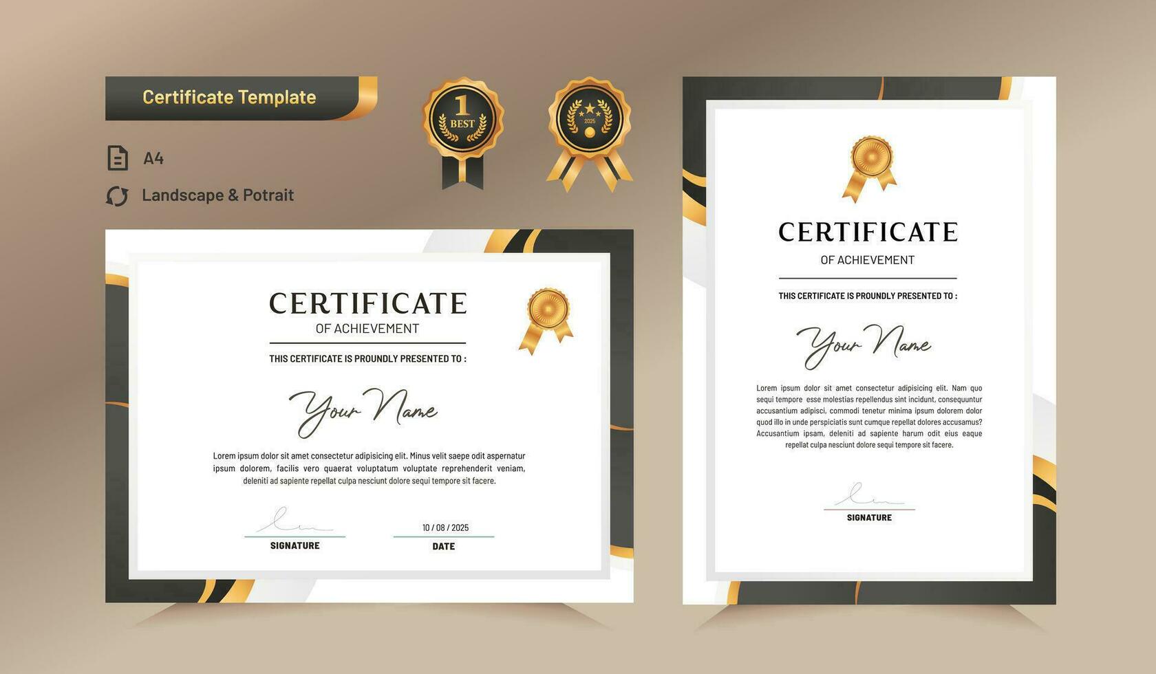 negro y oro certificado de logro modelo. para otorgar, negocio, y educación necesidades. vector