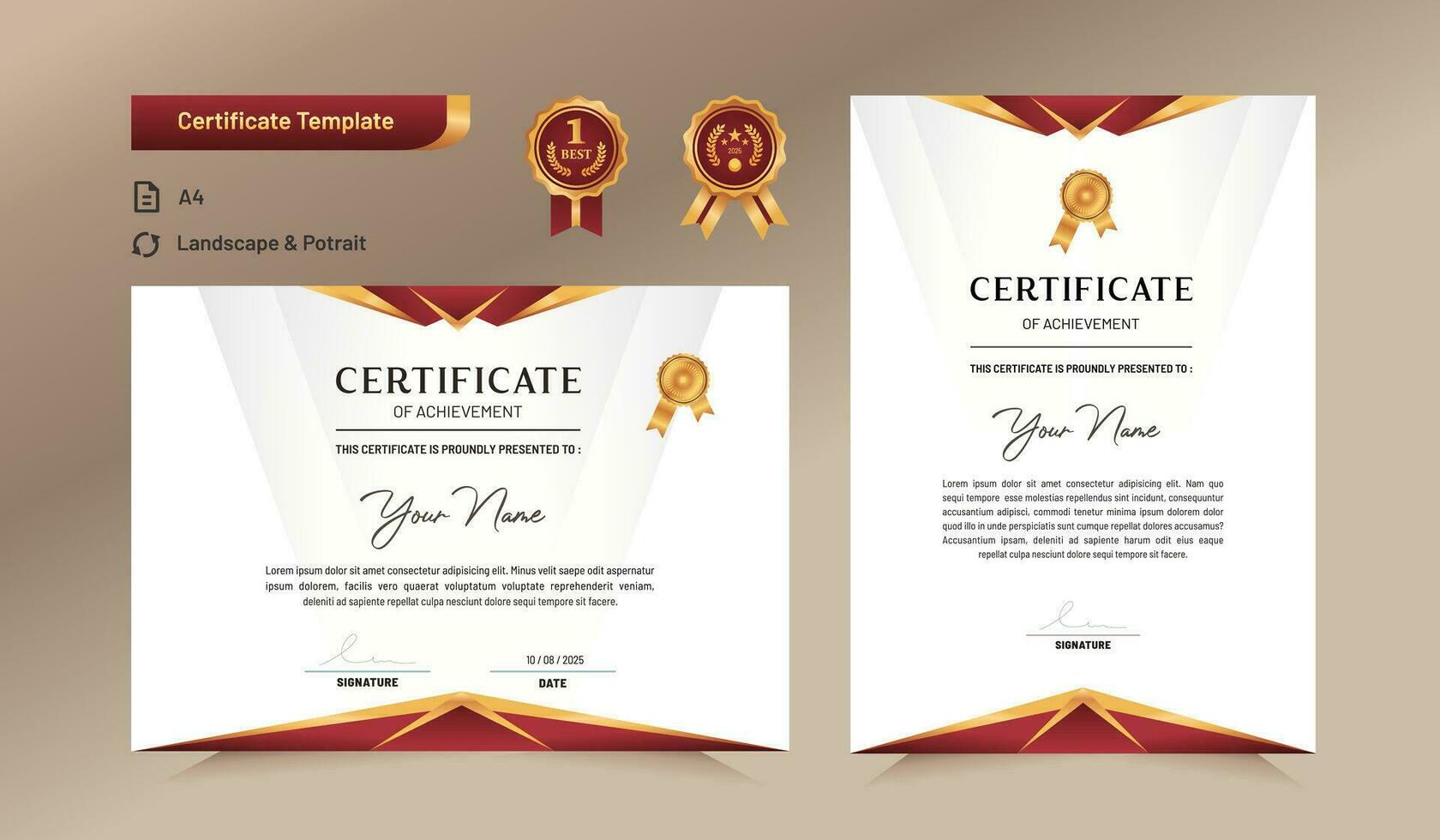 Red and gold certificate of achievement template. For award, business, and education needs. vector