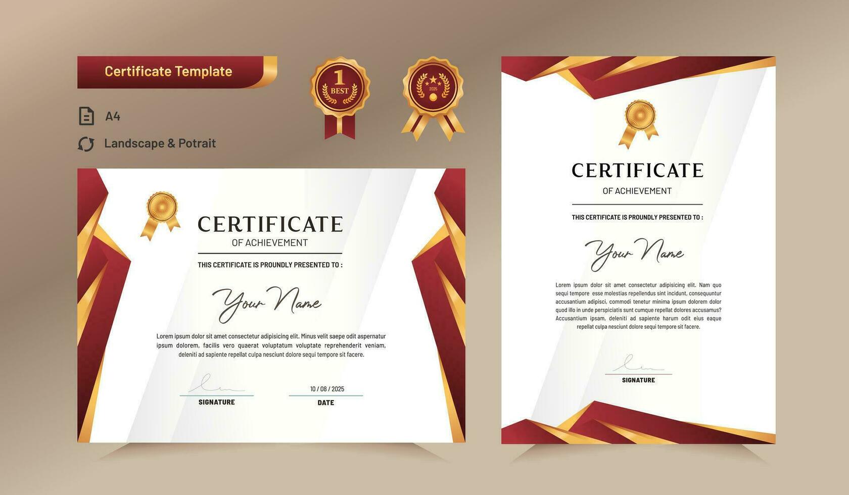 Red and gold certificate of achievement template. For award, business, and education needs. vector