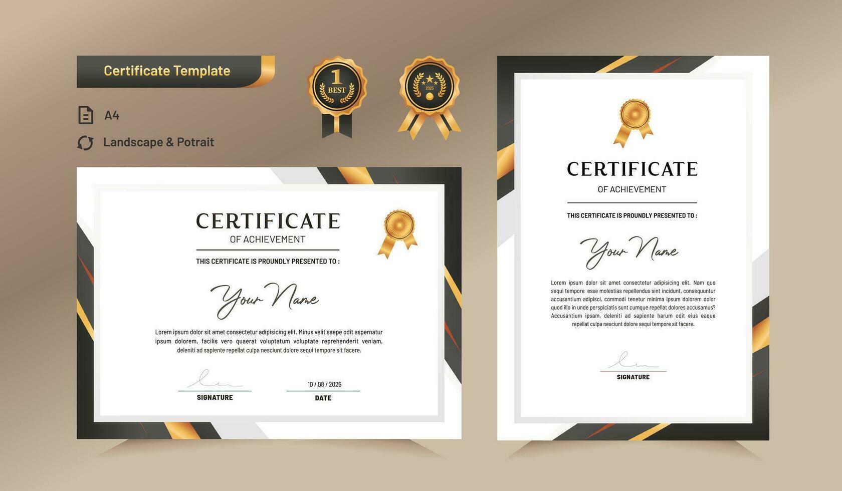 Black and gold certificate of achievement template. For award, business, and education needs. vector