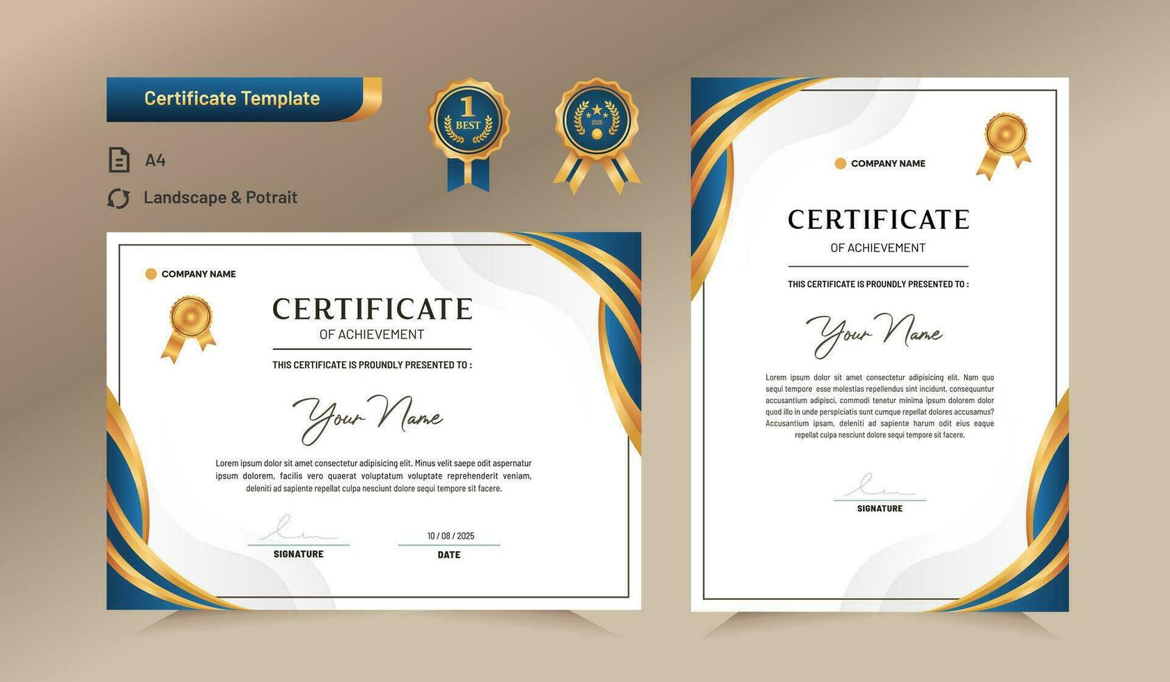 Blue and gold certificate of achievement template. For award, business, and education needs. Vector Illustration
