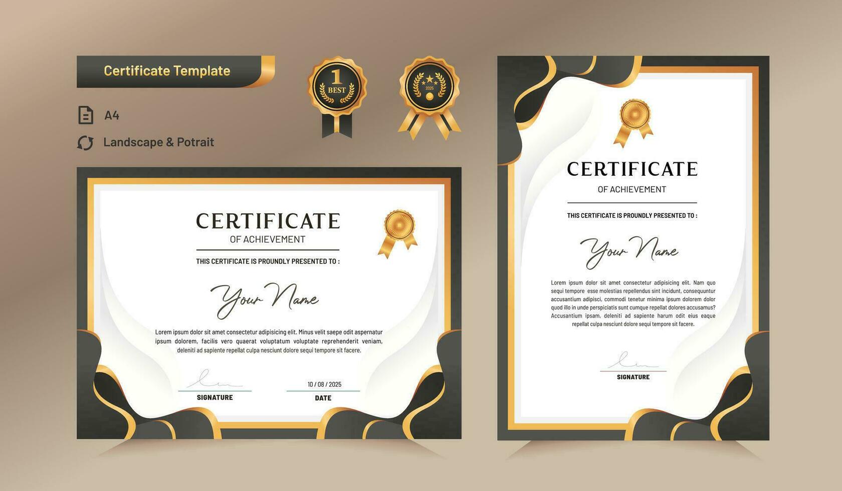 Green and gold certificate of achievement template set with gold badge and border. For award, business, and education needs. Vector Illustration